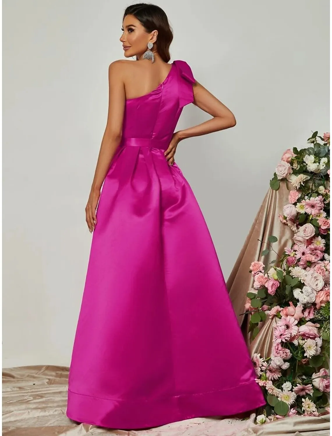 A-Line Evening Gown Party Dress Formal Fall Floor Length Sleeveless One Shoulder Satin with Pleats Slit Strappy