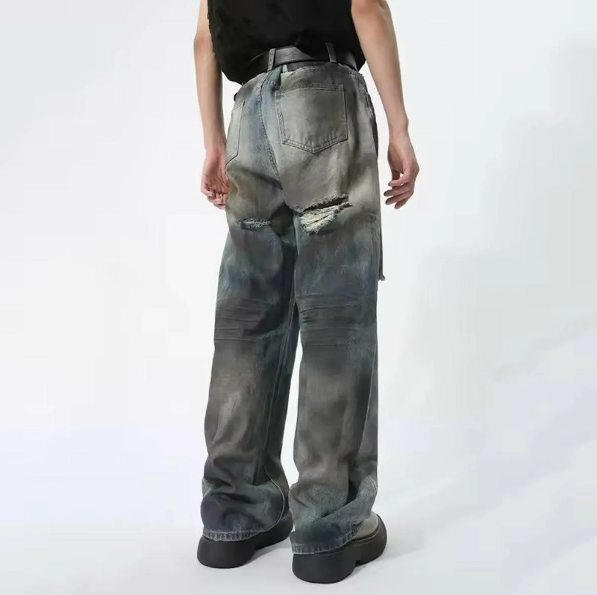 Blue Stained Wide Leg Jeans