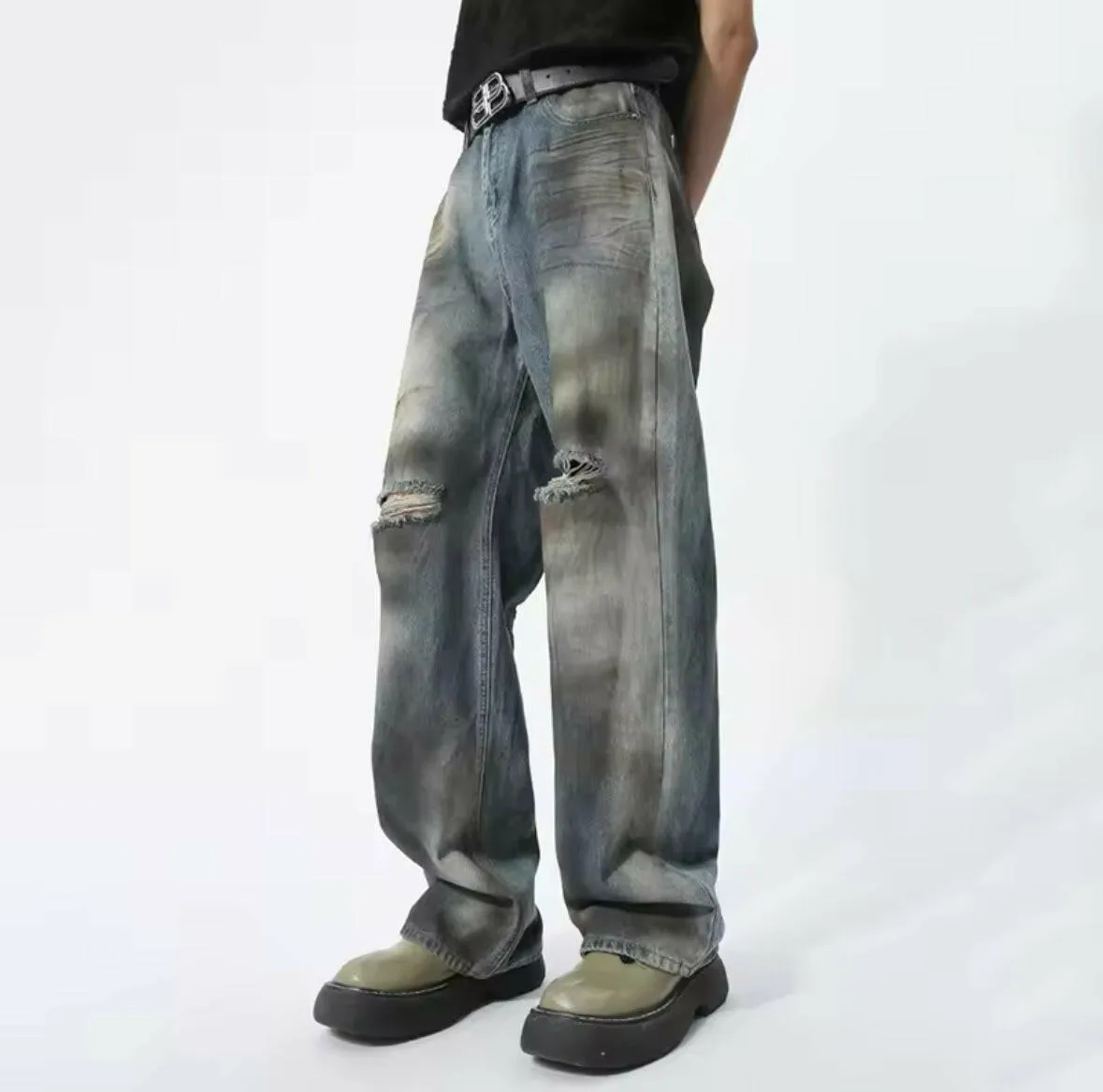 Blue Stained Wide Leg Jeans