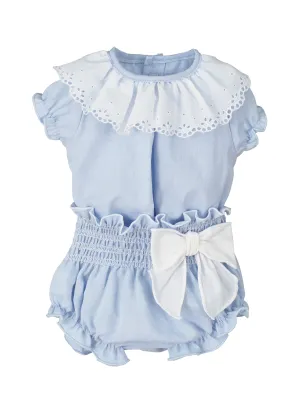 Calamaro Baby Blue Jam Pants Set with Ruffle Lace Collar