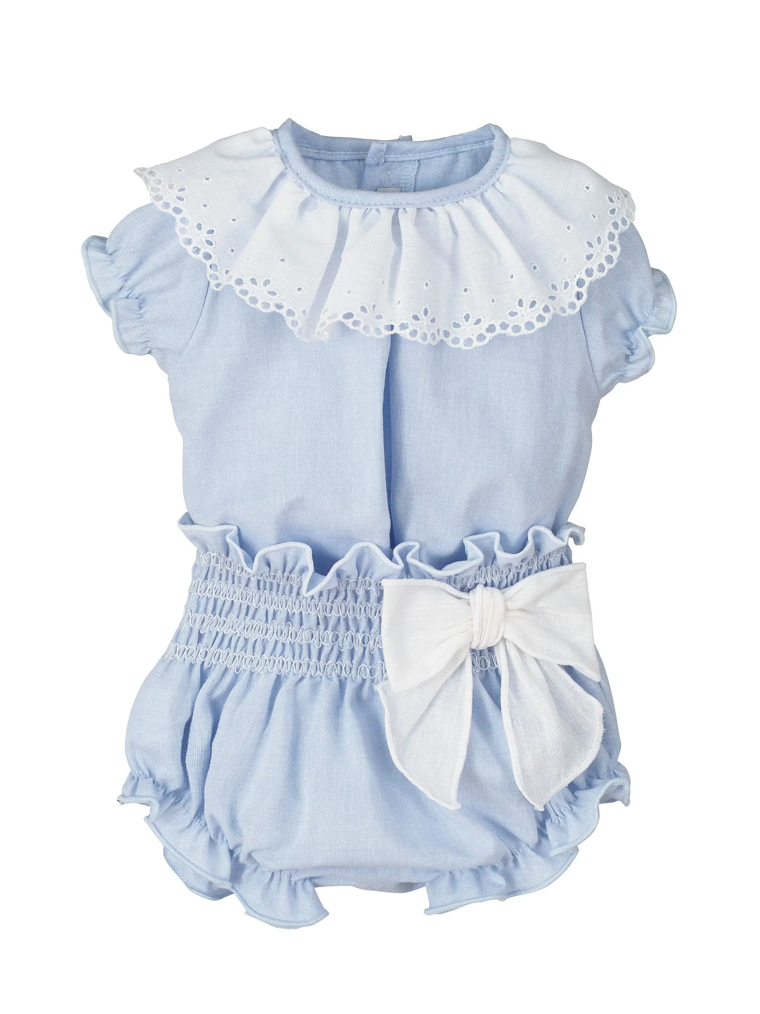 Calamaro Baby Blue Jam Pants Set with Ruffle Lace Collar