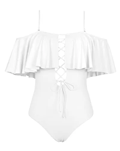 Charming Women's Lace Up Ruffled One Piece Bathing Suit-White