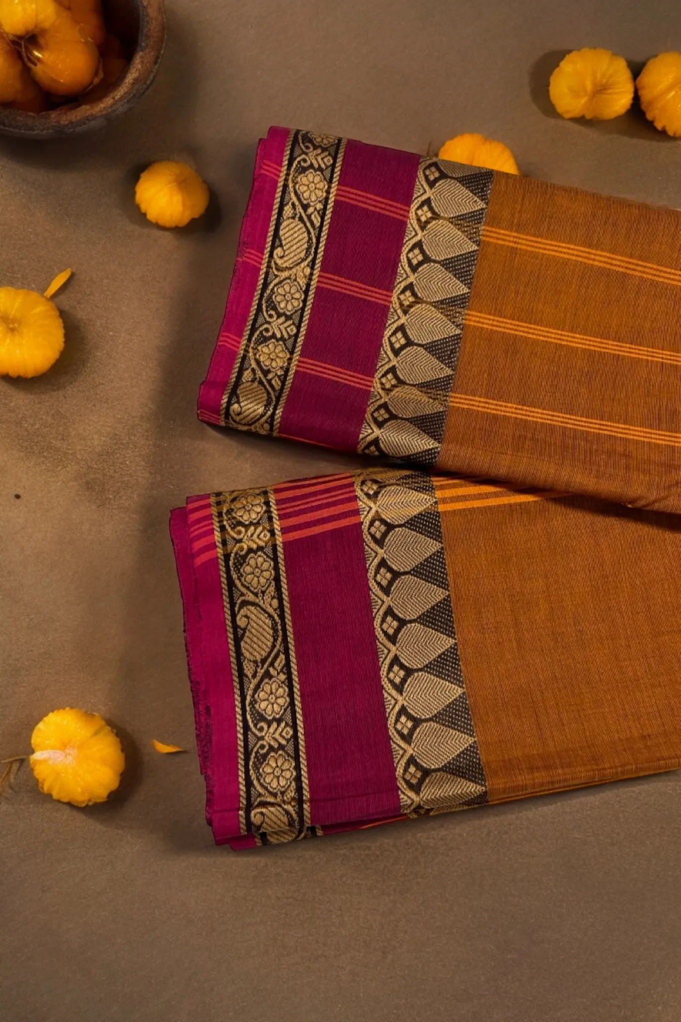 chettinad cotton saree - tarnished gold & leaf border