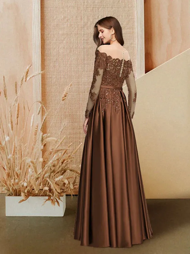 Evening Gown Glittering Dress Engagement Floor Length Long Sleeve Off Shoulder Satin with Sequin Slit Lace Insert