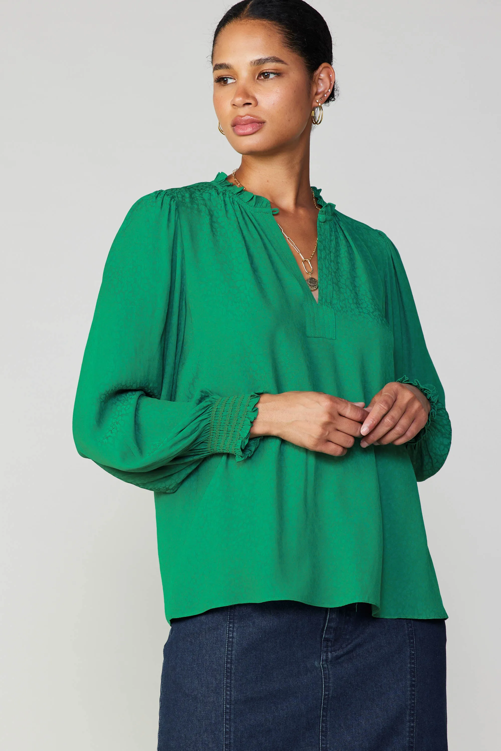 Jacquard Ruffled Neck Blouse