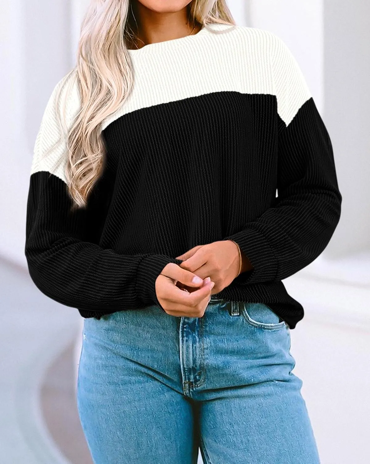 KIRUNDO Womens Spring Fashion 2025 Ribbed Long Sleeve Knit Tops Color Block Casual Loose Crewneck Pullover Shirts Clothing