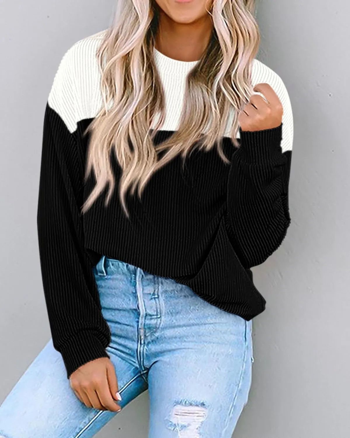 KIRUNDO Womens Spring Fashion 2025 Ribbed Long Sleeve Knit Tops Color Block Casual Loose Crewneck Pullover Shirts Clothing