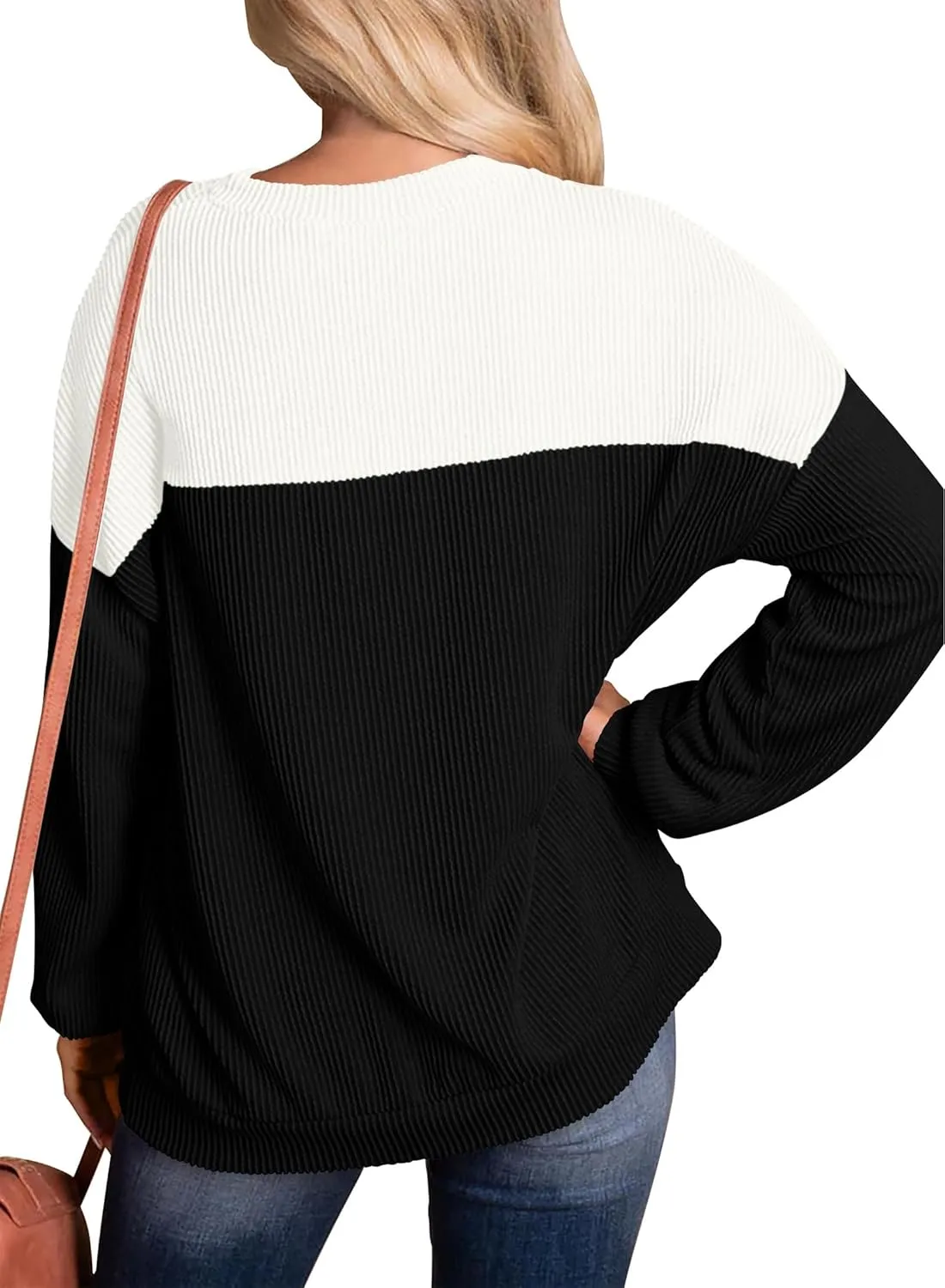 KIRUNDO Womens Spring Fashion 2025 Ribbed Long Sleeve Knit Tops Color Block Casual Loose Crewneck Pullover Shirts Clothing