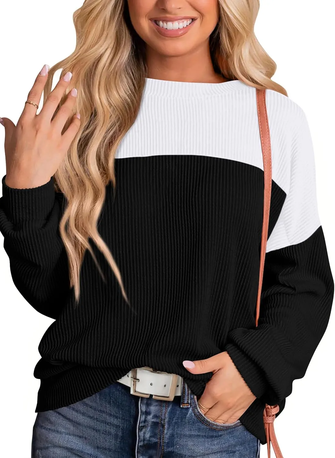KIRUNDO Womens Spring Fashion 2025 Ribbed Long Sleeve Knit Tops Color Block Casual Loose Crewneck Pullover Shirts Clothing