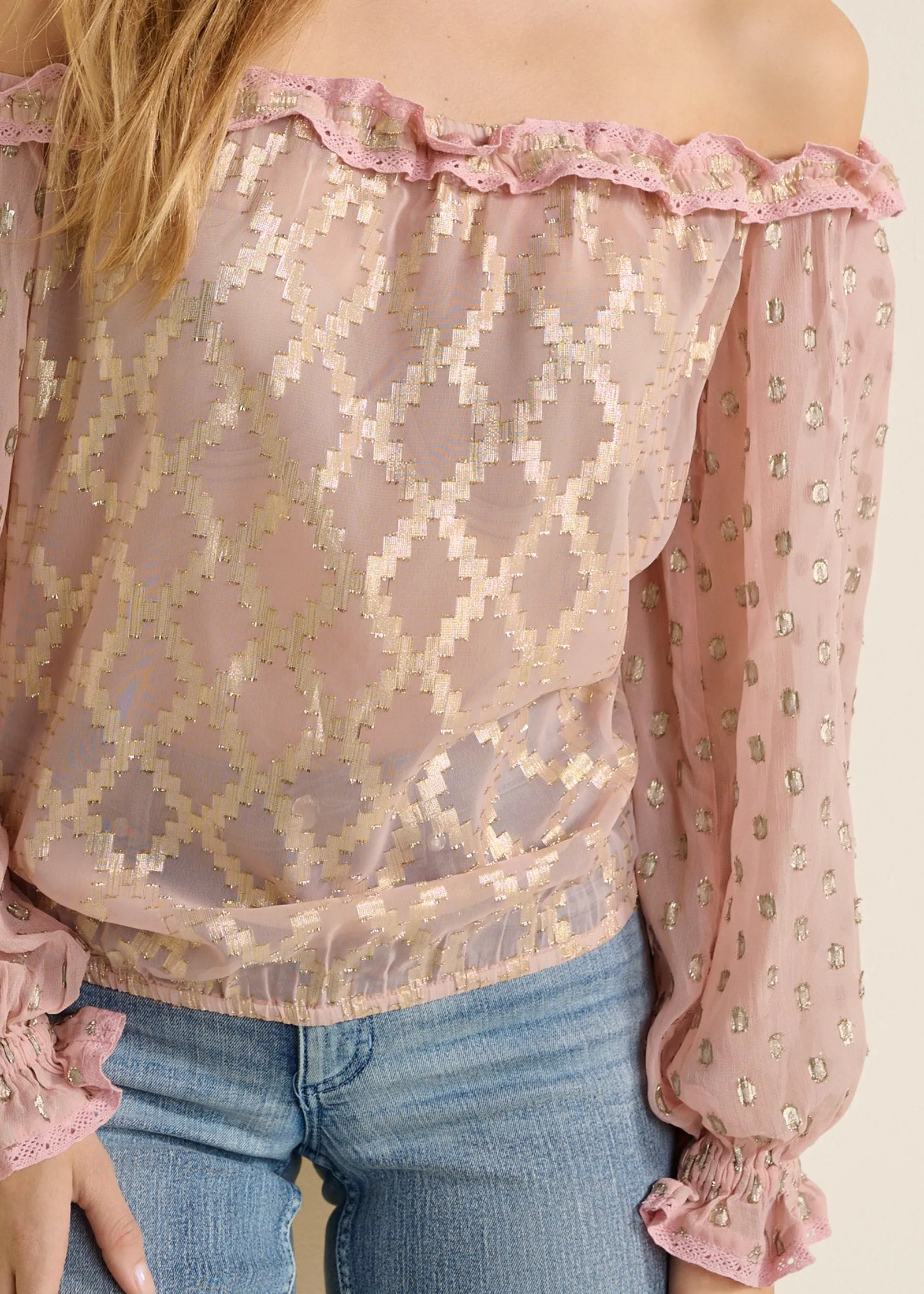 Off-The-Shoulder Ruffle Top - PINK & GOLD