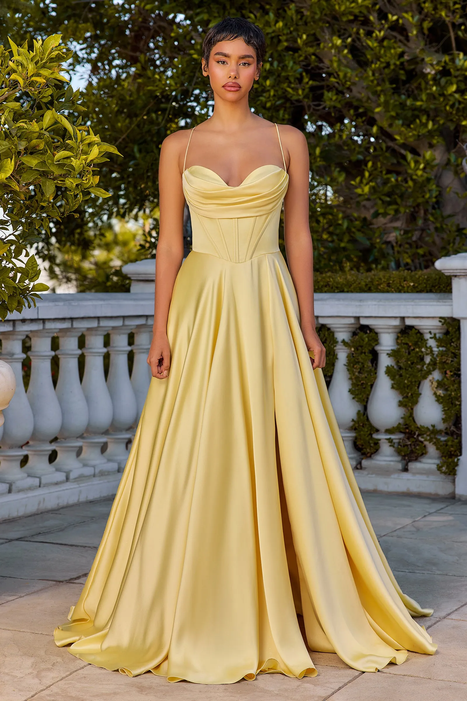 Satin Cowl A-line Slit Gown by Ladivine 7481
