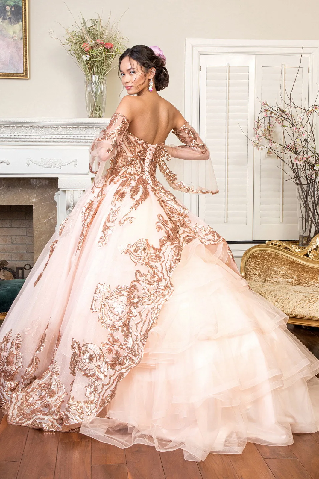 Sequin Embellished Glitter Mesh Quinceanera Dress Detached Mesh Sleeve - Mask Not Included GLGL1914