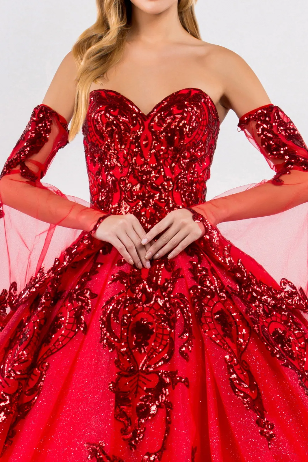 Sequin Embellished Glitter Mesh Quinceanera Dress Detached Mesh Sleeve - Mask Not Included GLGL1914