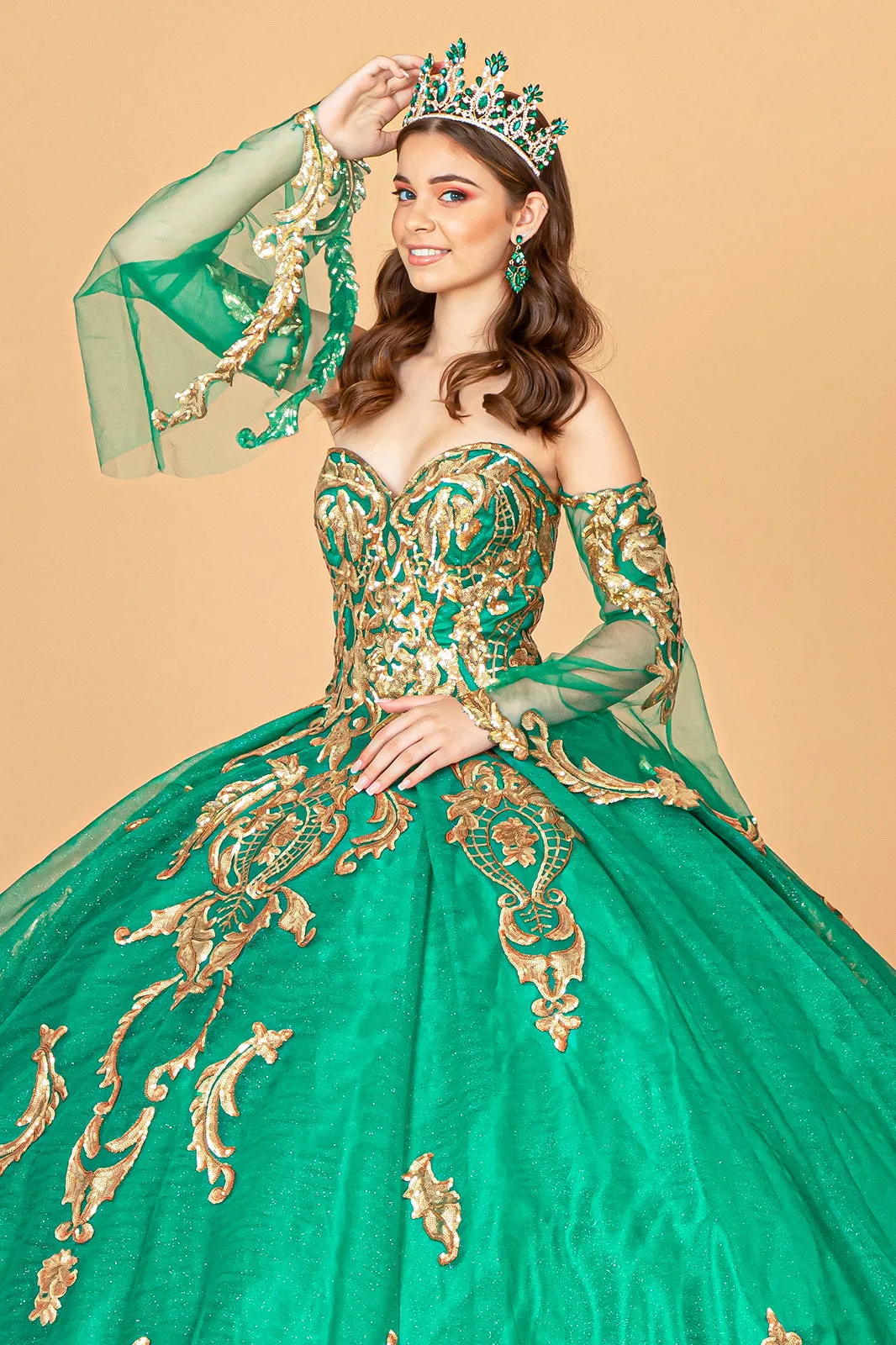 Sequin Embellished Glitter Mesh Quinceanera Dress Detached Mesh Sleeve - Mask Not Included GLGL1914