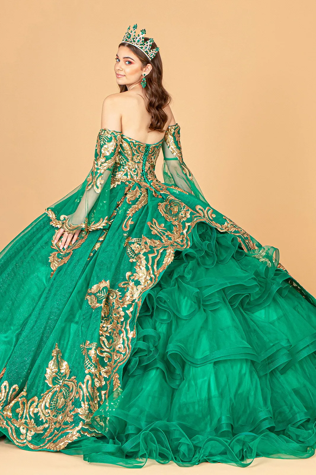 Sequin Embellished Glitter Mesh Quinceanera Dress Detached Mesh Sleeve - Mask Not Included GLGL1914