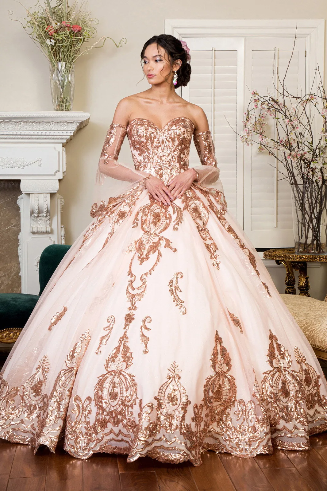Sequin Embellished Glitter Mesh Quinceanera Dress Detached Mesh Sleeve - Mask Not Included GLGL1914