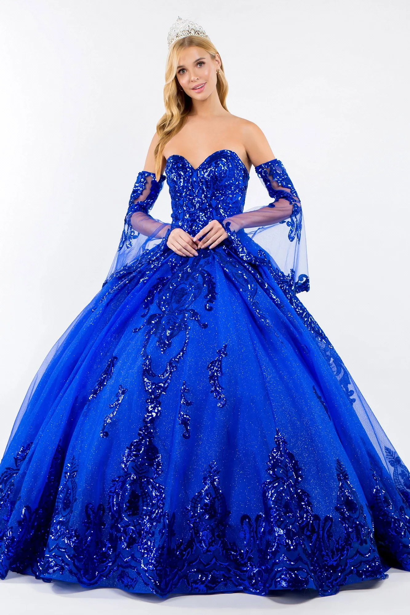 Sequin Embellished Glitter Mesh Quinceanera Dress Detached Mesh Sleeve - Mask Not Included GLGL1914