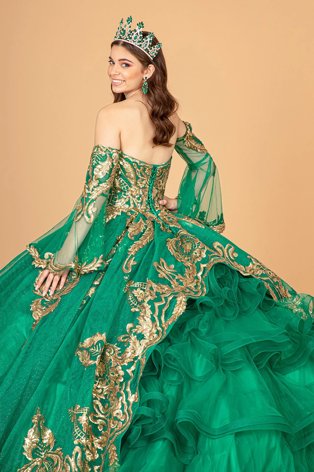 Sequin Embellished Glitter Mesh Quinceanera Dress Detached Mesh Sleeve - Mask Not Included GLGL1914