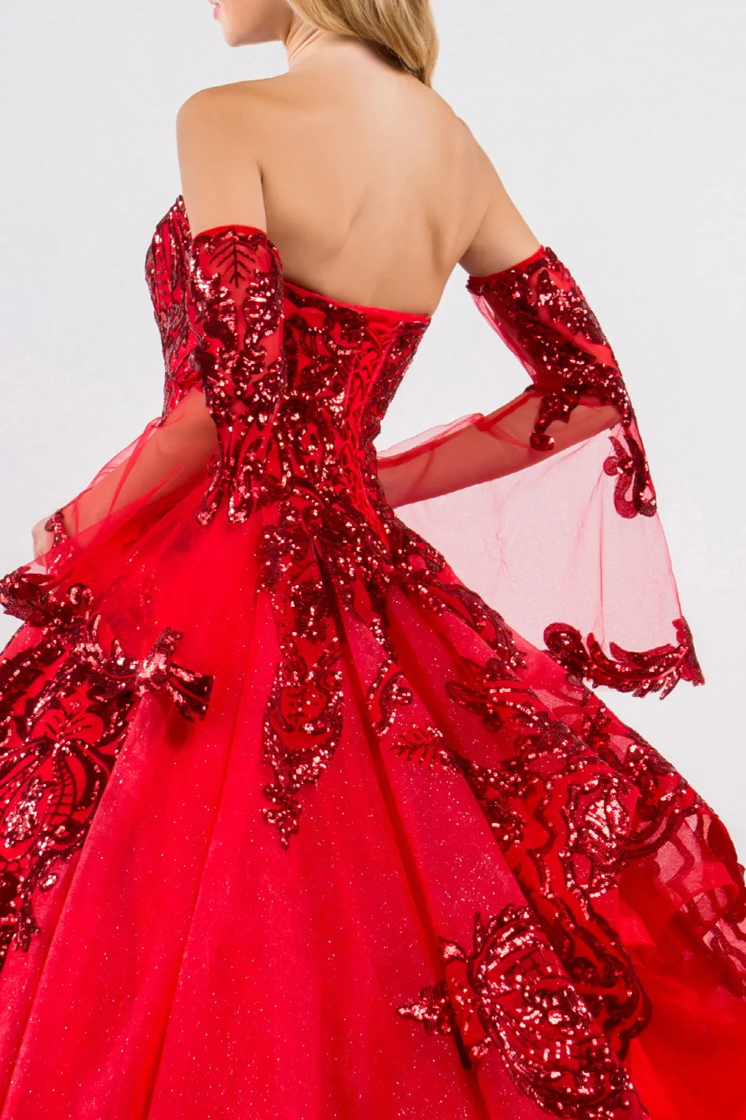 Sequin Embellished Glitter Mesh Quinceanera Dress Detached Mesh Sleeve - Mask Not Included GLGL1914
