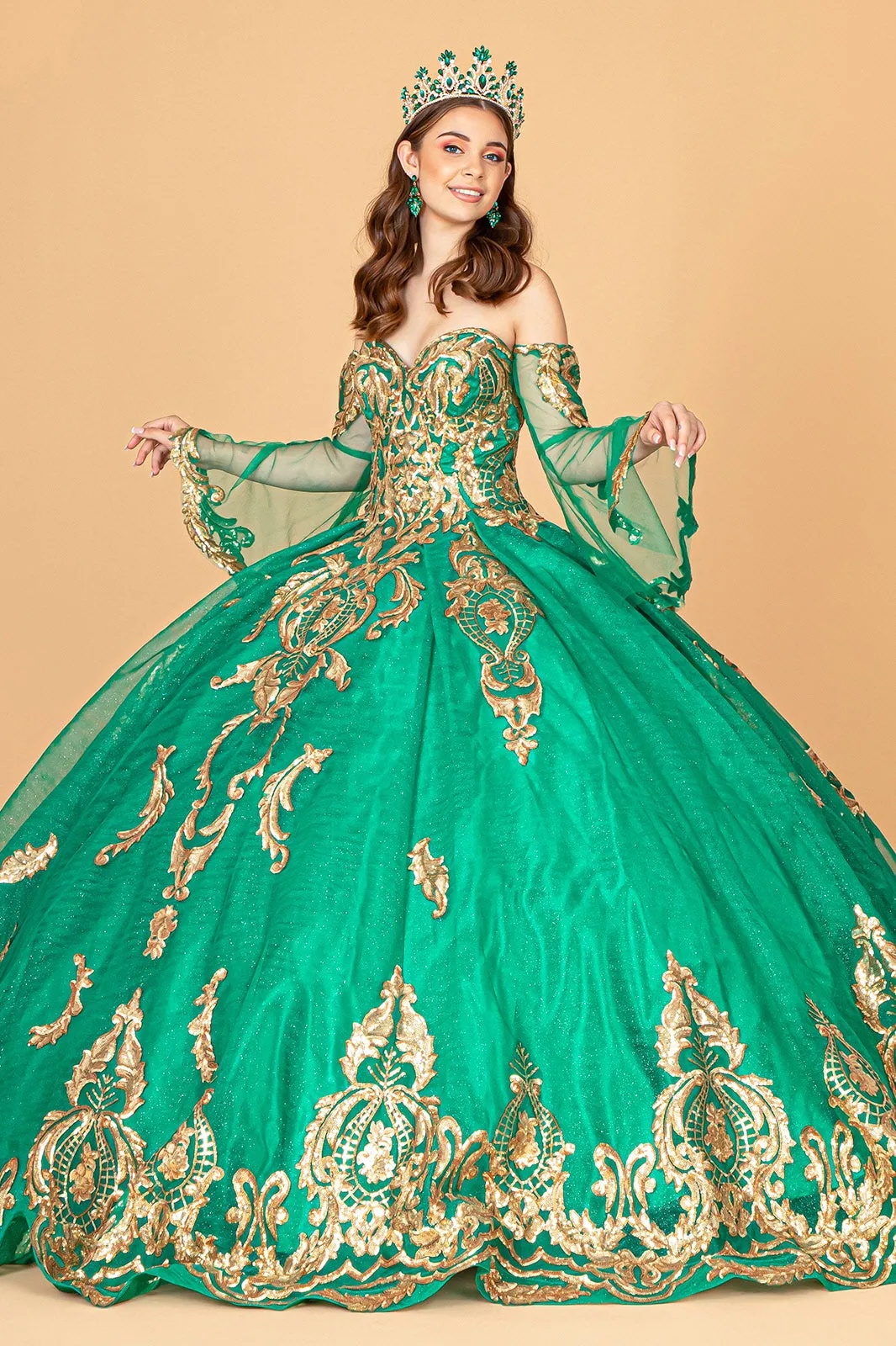 Sequin Embellished Glitter Mesh Quinceanera Dress Detached Mesh Sleeve - Mask Not Included GLGL1914