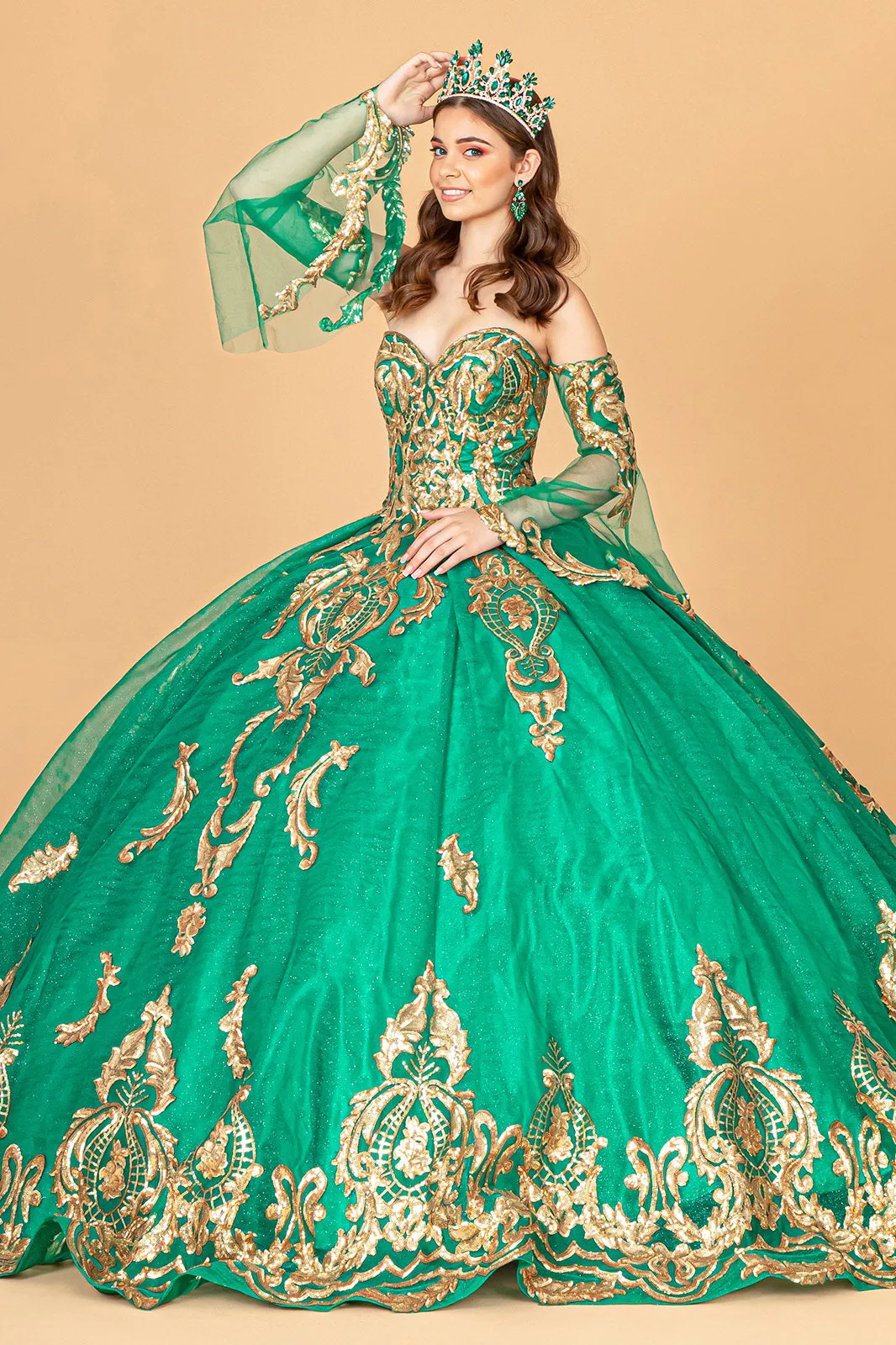 Sequin Embellished Glitter Mesh Quinceanera Dress Detached Mesh Sleeve - Mask Not Included GLGL1914