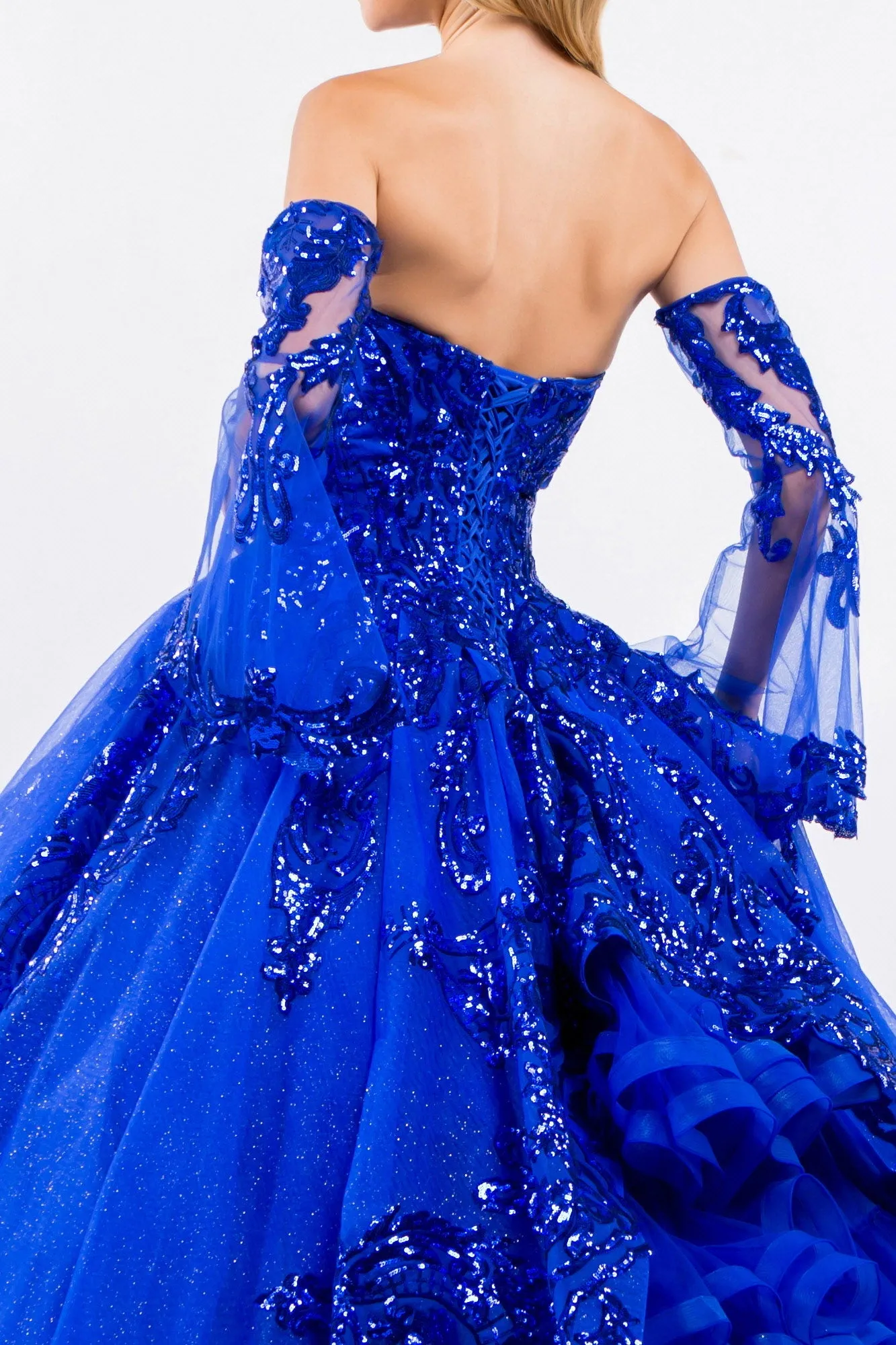 Sequin Embellished Glitter Mesh Quinceanera Dress Detached Mesh Sleeve - Mask Not Included GLGL1914