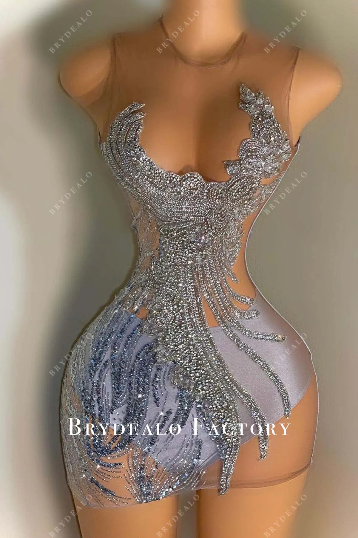 Sleeveless Silver Rhinestones Sheer Mini Bodycon Dress