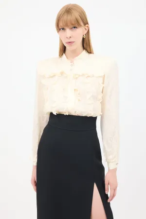 Vintage Cream Silk Floral Jacquard Ruffle Blouse